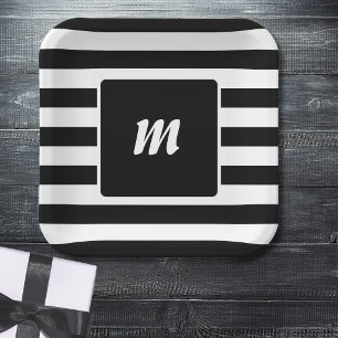 Black and White Stripe Monogram Paper Plates
