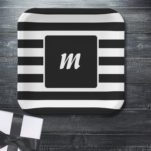 Black and White Stripe Monogram Paper Plates (Creator Uploaded)