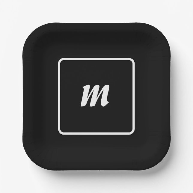Black and White Stripe Monogram Paper Plates (Front)