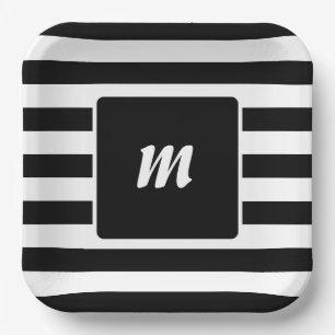 Black and White Stripe Monogram Paper Plates