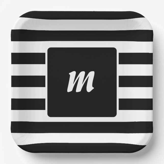 Black and White Stripe Monogram Paper Plates (Front)