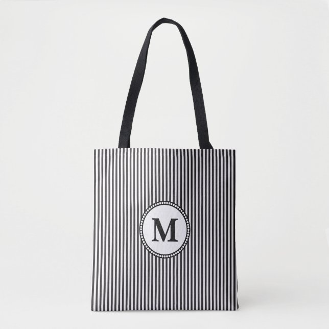 Black and White Stripe Monogram Tote Bag (Front)