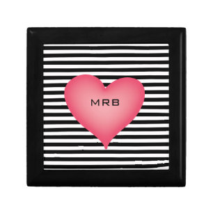 Black and White Stripe Monogrammed Big Pink Heart Jewelry Box