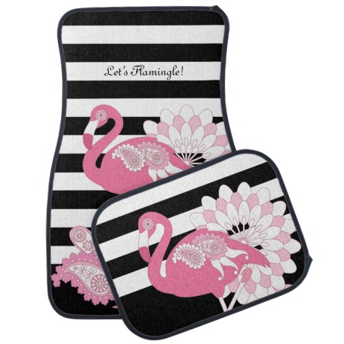 Black and White Stripe Paisley Pink Flamingo Car Floor Mat