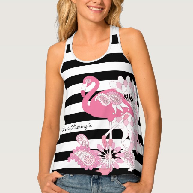 Black and White Stripe Paisley Pink Flamingo Tank Top (Front)