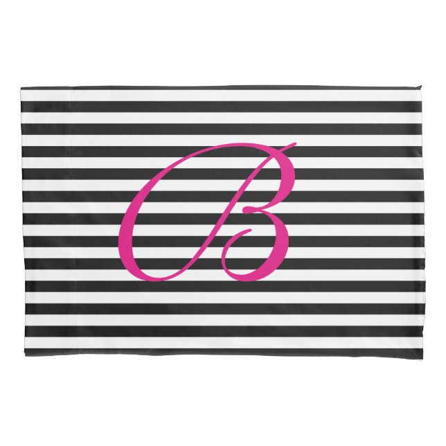 Black and white stripe pattern monogram pillowcase (Front)