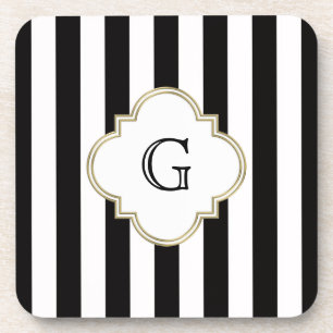 Black and White Stripe Pattern with White Monogram Drink Coaster