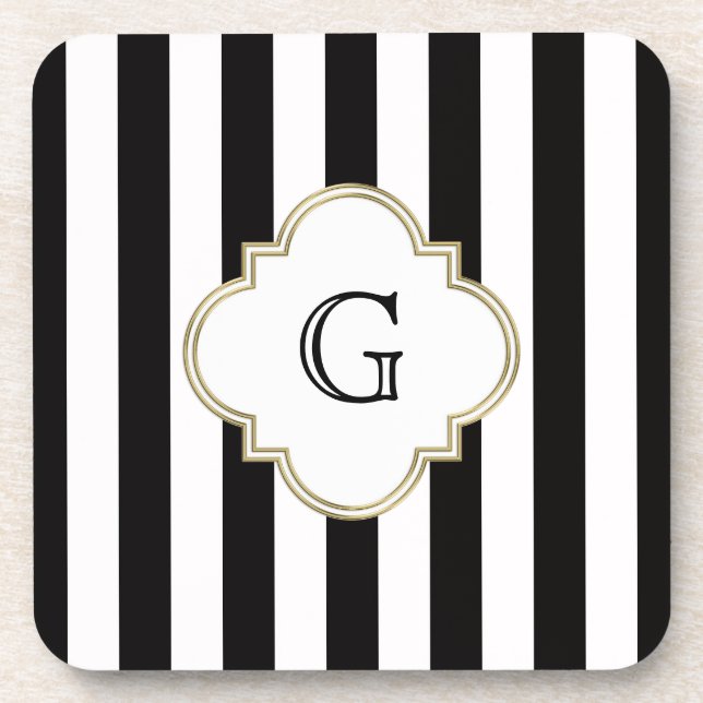 Black and White Stripe Pattern with White Monogram Drink Coaster (Front)