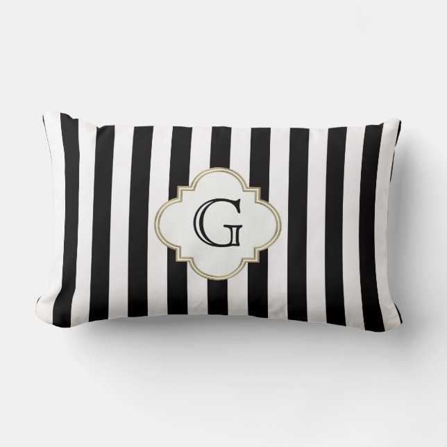 Black and White Stripe Pattern with White Monogram Lumbar Pillow (Front)