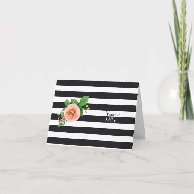 Black and White Stripe Personalized Note Card (Front)