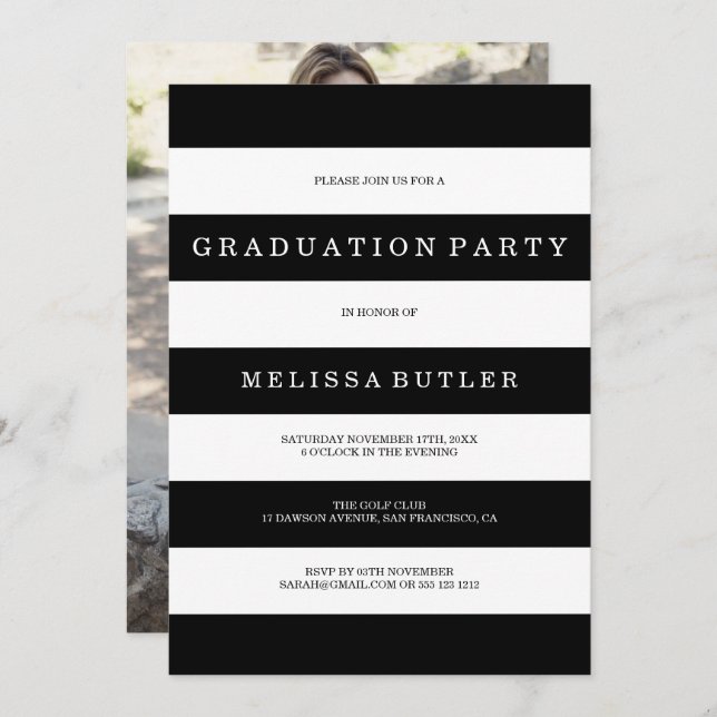 Black and White Stripe Photo Graduation Invitation (Front/Back)