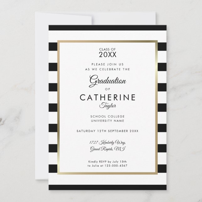  Black and White Stripe Photo Graduation Party Invitation (Front)