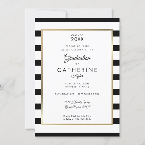  Black and White Stripe Photo Graduation Party Invitation