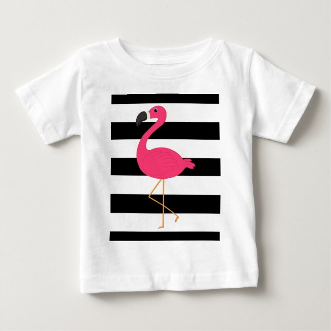 Black and White Stripe Pink Flamingo Baby T-Shirt (Front)