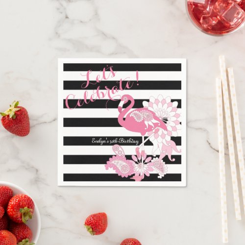 Black and White Stripe Pink Flamingo Birthday Napkins