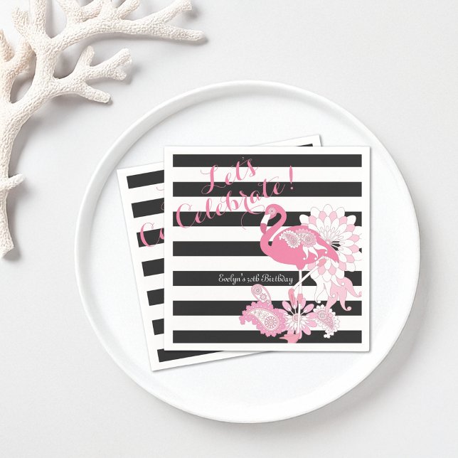 Black and White Stripe Pink Flamingo Birthday Napkins (Creator Uploaded)