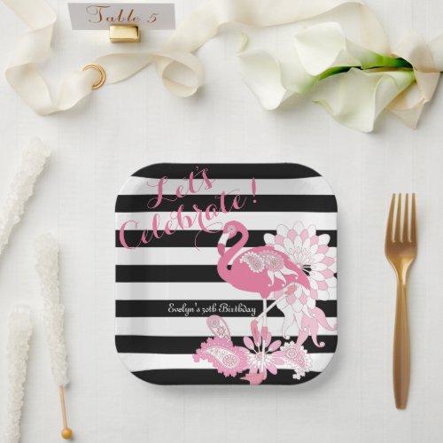 Black and White Stripe Pink Flamingo Birthday Paper Plates