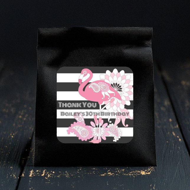 Black and White Stripe Pink Flamingo Birthday Square Sticker (Creator Uploaded)
