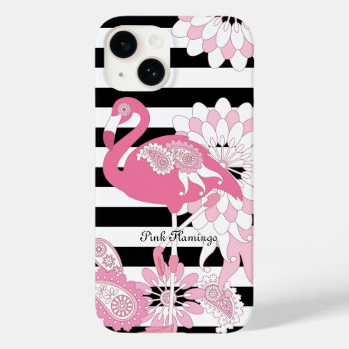 Black and White Stripe Pink Flamingo Case_Mate iPhone 14 Case