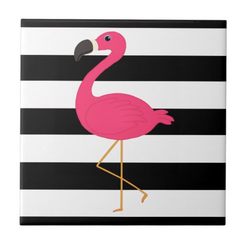 Black and White Stripe Pink Flamingo Ceramic Tile