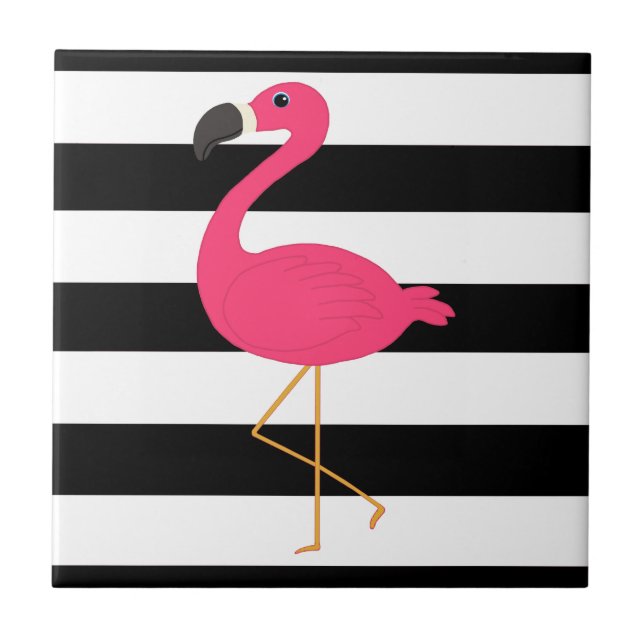 Black and White Stripe Pink Flamingo Ceramic Tile (Front)