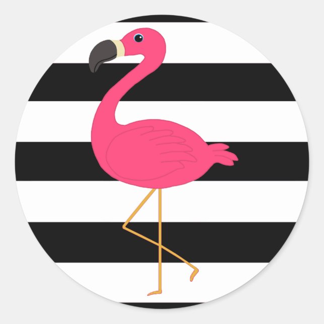Black and White Stripe Pink Flamingo Classic Round Sticker (Front)