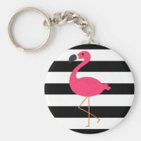 Black and White Stripe Pink Flamingo Keychain
