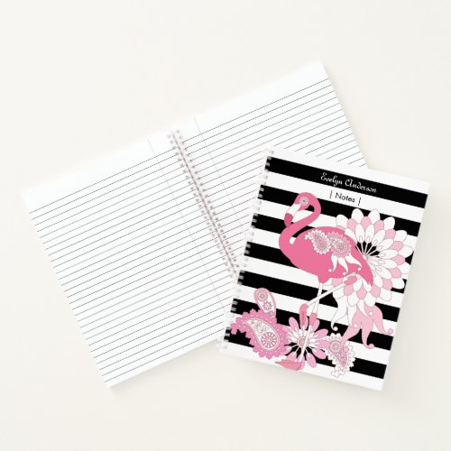 Black and White Stripe Pink Flamingo Notebook