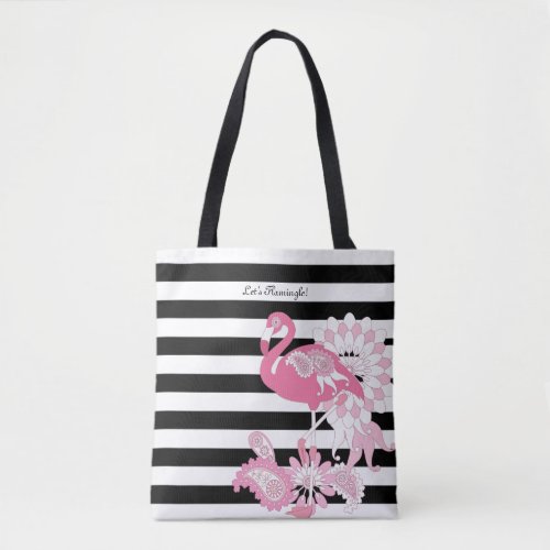 Black and White Stripe Pink Flamingo Tote Bag