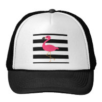 Black and White Stripe Pink Flamingo Trucker Hat