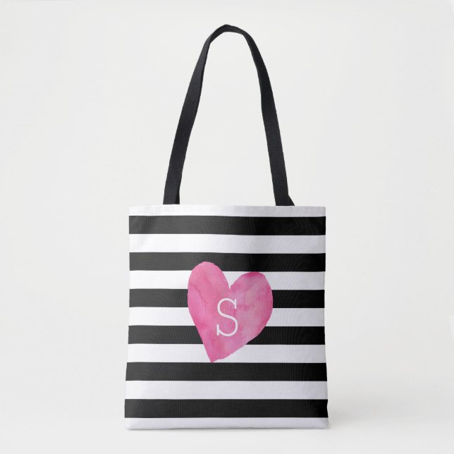 Black and White Stripe Pink Heart Monogram Tote Bag