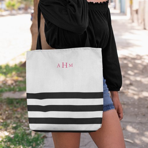 Black and White Stripe Pink Monogram Tote Bag