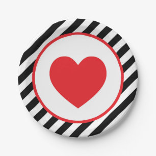 black and white stripe Red Heart Paper Plates