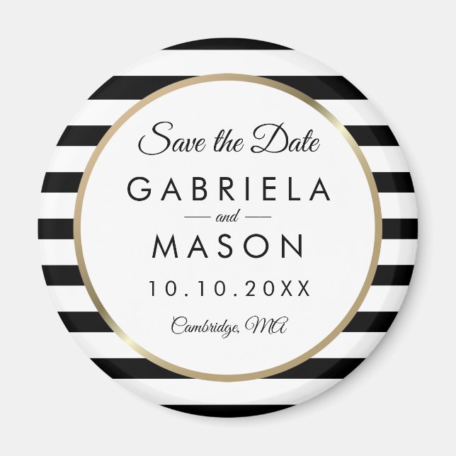 Black and White Stripe Save the Date Magnet (Front)