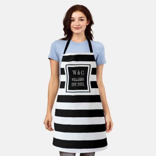 Black And White Stripe Trendy Monogram Family Name Apron