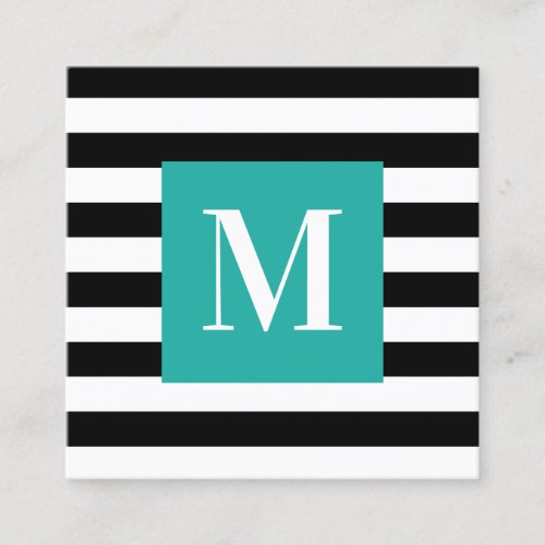 Black and White Stripe Turquoise Monogram Square Business Card