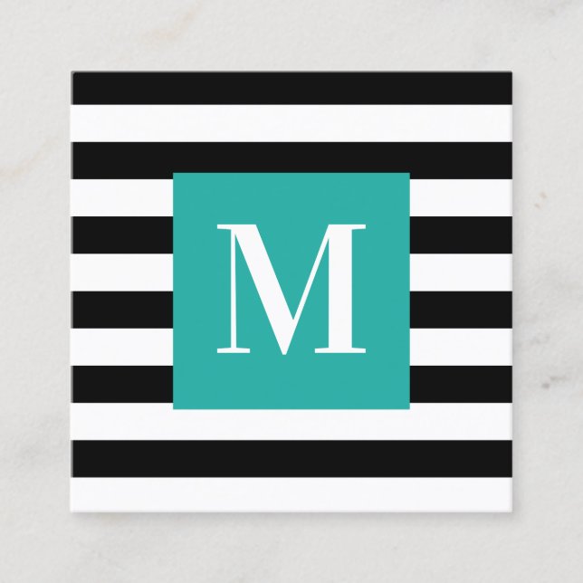 Black and White Stripe Turquoise Monogram Square Business Card (Front)