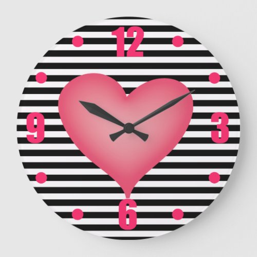 Black and White Stripe with Big Pink Heart Large Clock