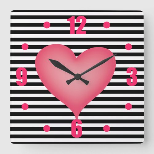 Black and White Stripe with Big Pink Heart Square Wall Clock