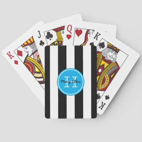 Black and White Stripe With Bright Blue Monogram Poker Cards