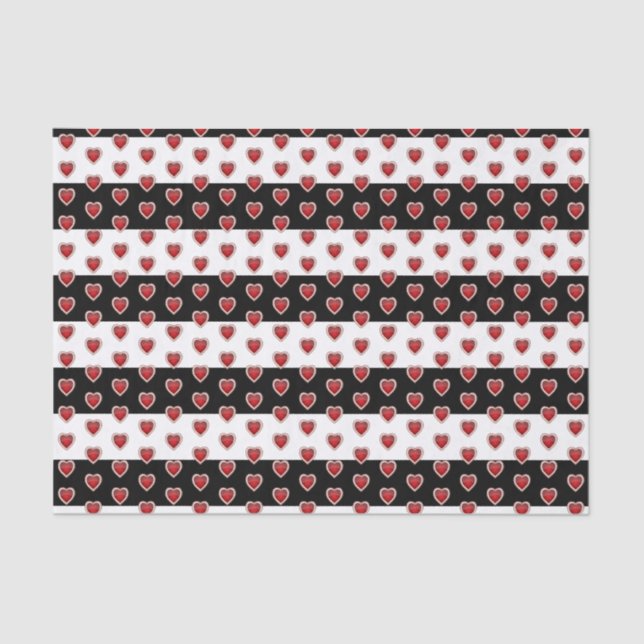 Black and White Stripe with Deep Red Hearts Tissue Paper (Front)