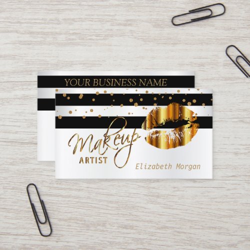 Black and White Stripe with Gold Lips Business Card