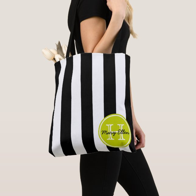 Black and White Stripe With Lime Green Monogram Tote Bag (Close Up)