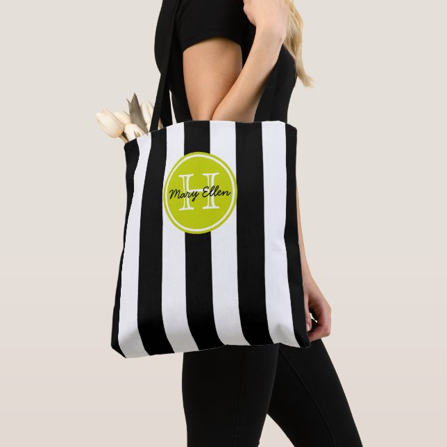 Black and White Stripe With Lime Green Monogram Tote Bag (Close Up)