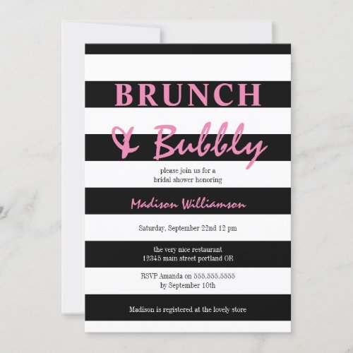 Black and White Stripe with Pink Brunch and Bubbly Invitation