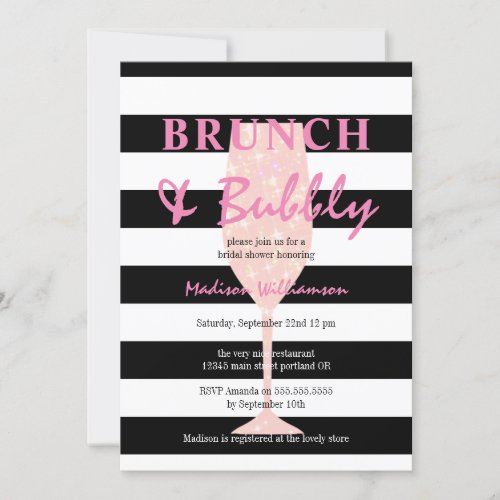 Black and White Stripe with Pink Glitter Champagne Invitation