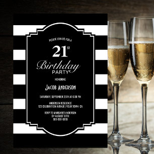 Black and White Striped 21st Birthday Party Invitation