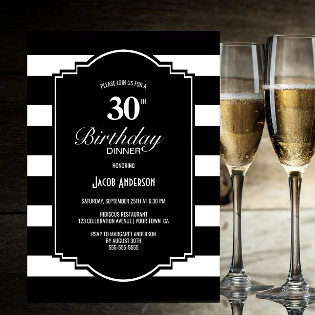 Black and White Striped 30th Birthday Dinner Invitation | Zazzle