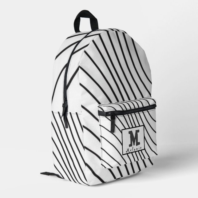 Black and white striped Abstract minimal Monogram  Printed Backpack (Back Corner Left)