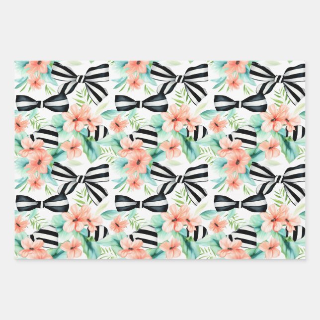 Black and White Striped Bows Coquette Pattern Wrapping Paper Sheets (Front 3)